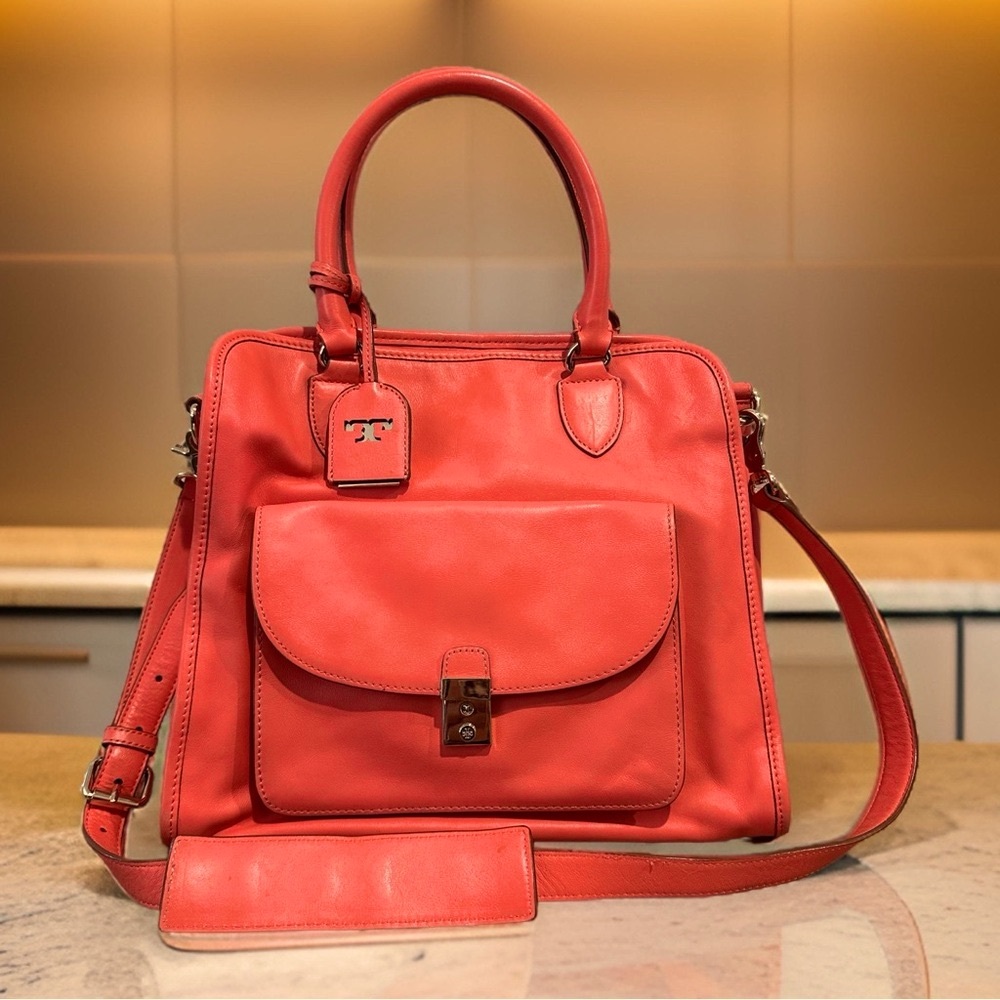 Tory Burch GORGEOUS Strawberry Leather Priscilla Tote with strap.